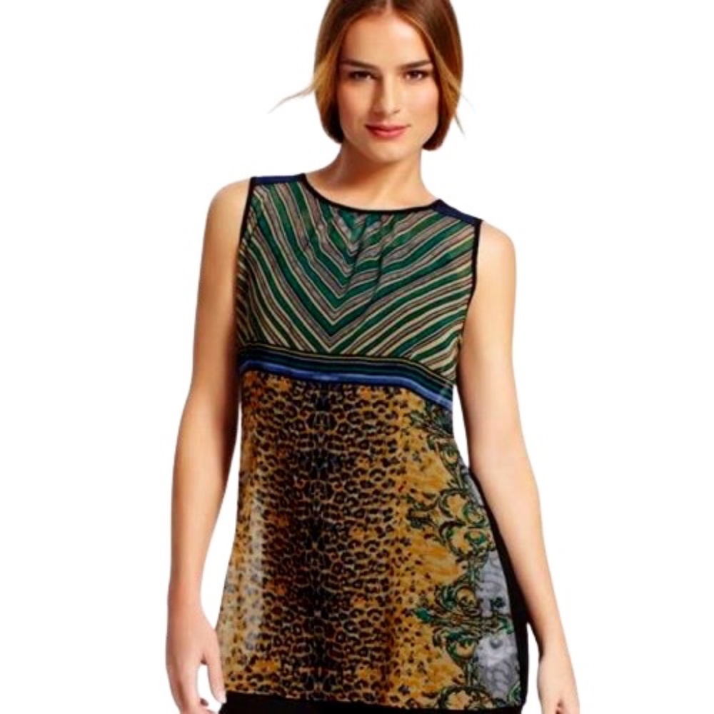 Cabi Buchanan Multi Color Leopard Boho Print Sheer Tank Tunic Top Small